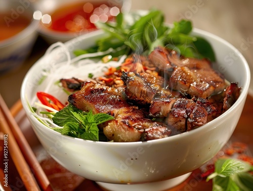 Authentic Vietnamese Bun Cha: Grilled Pork, Herbs, Vermicelli Noodles in Steaming Bowl | Traditional Street Food Advertisement