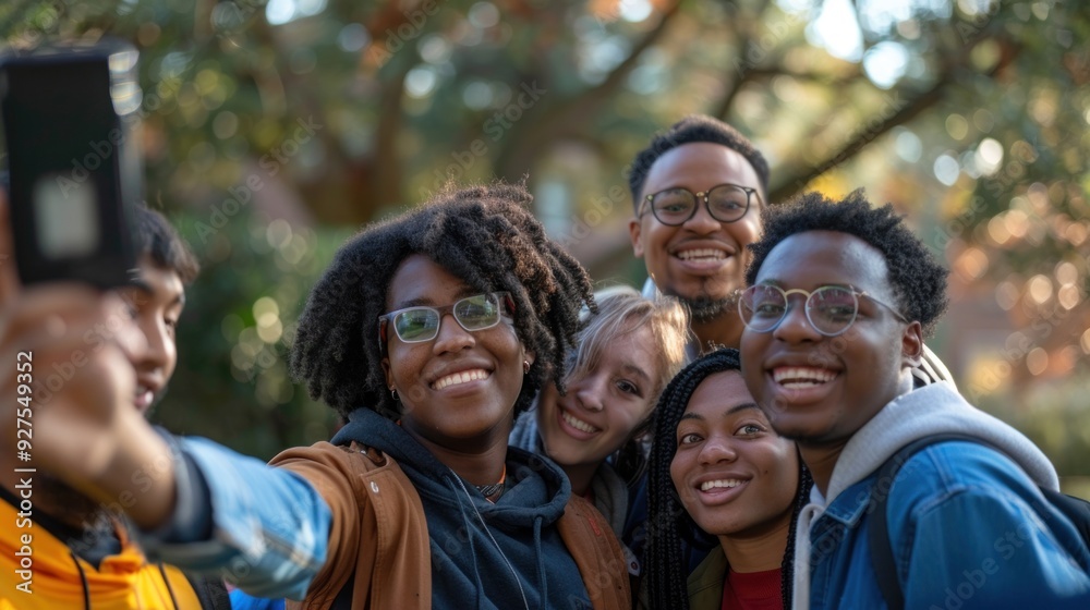 A group of college students taking a selfie together A group of college students taking a selfie together