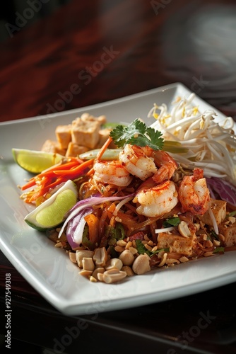 Exquisite Thai Pad Thai Plated to Perfection with Shrimp, Tofu, and Peanuts - Ideal for Authentic Thai Cuisine Advertisement