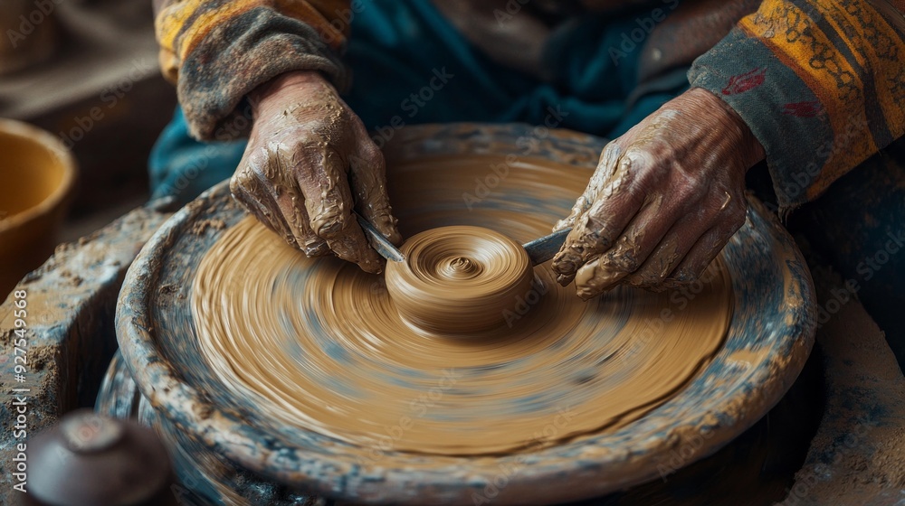 Skilled hands coax clay into shape on a spinning wheel, crafting earthenware artistry Skilled hands coax clay into shape on a spinning wheel, crafting earthenware artistry