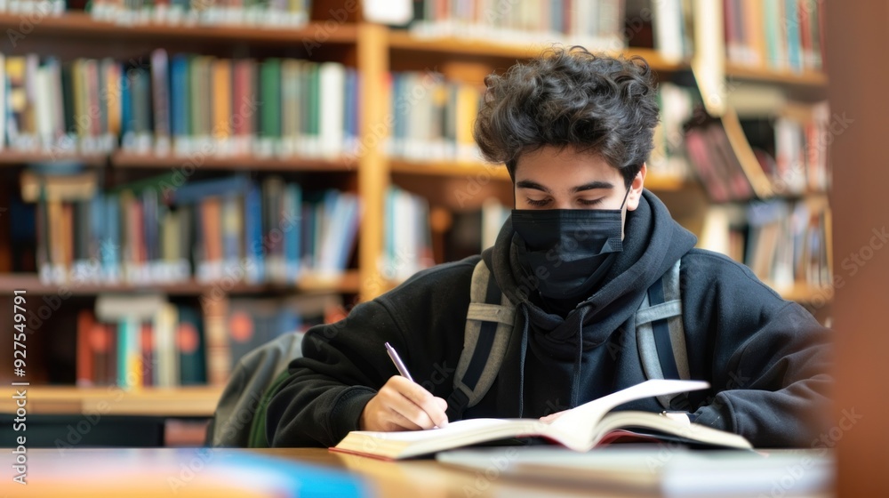 A college student wearing a mask while studying in the library A college student wearing a mask while studying in the library