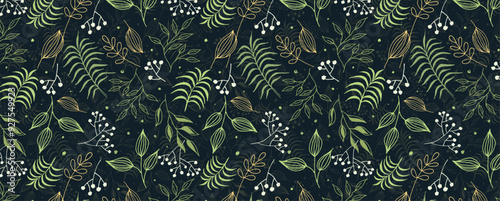 Pattern of Leaves, twigs and berries on a dark background. Vector organic background. Delicate plant seamless wallpaper. For fabric, textile, wrapping paper, bed linen.