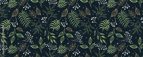 Pattern of Leaves, twigs and berries on a dark background. Vector organic background. Delicate plant seamless wallpaper. For fabric, textile, wrapping paper, bed linen.