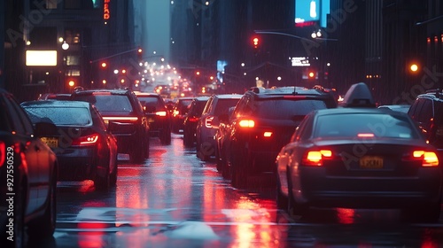 Chaotic Cityscape with Honking Cars and Flashing Brake Lights on a Bustling Urban Street