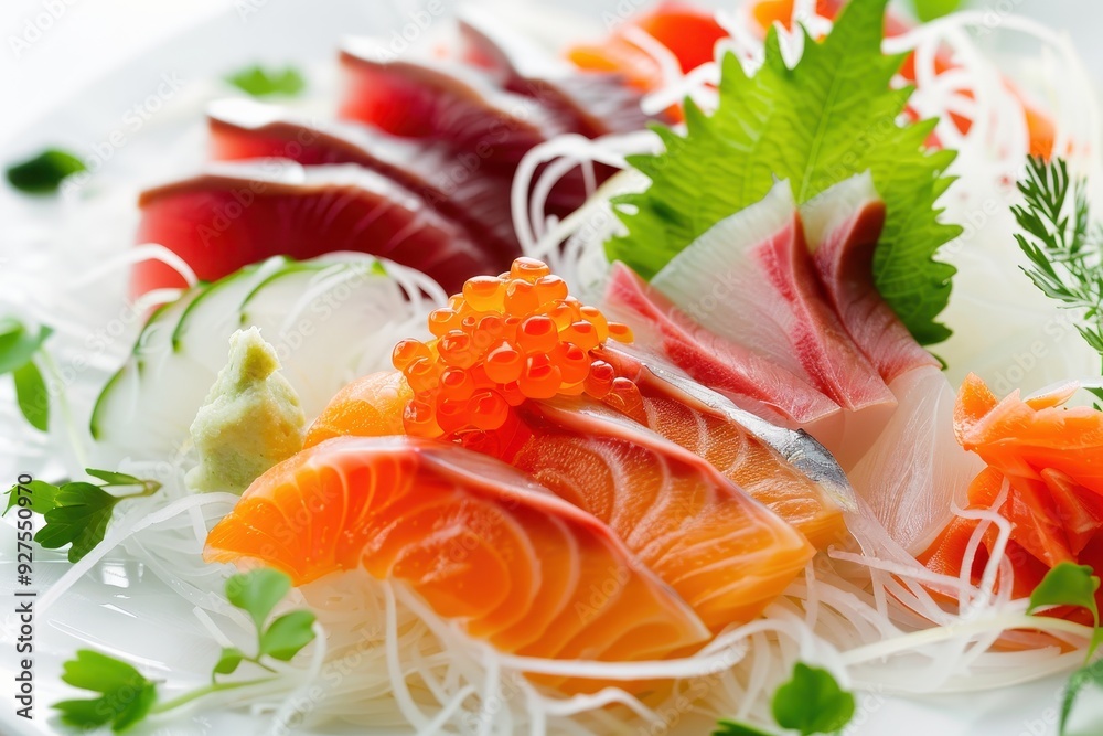 Exquisite Japanese Sashimi Platter with Fresh Fish and Seafood, Garnished with Daikon and Shiso Leaves for Authentic Cuisine Promotion Exquisite Japanese Sashimi Platter with Fresh Fish and Seafood, Garnished with Daikon and Shiso Leaves for Authentic Cuisine Promotion