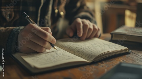 Closeup of woman's hands holding open book, pen nearby, suggesting focused study or work amidst papers on desk