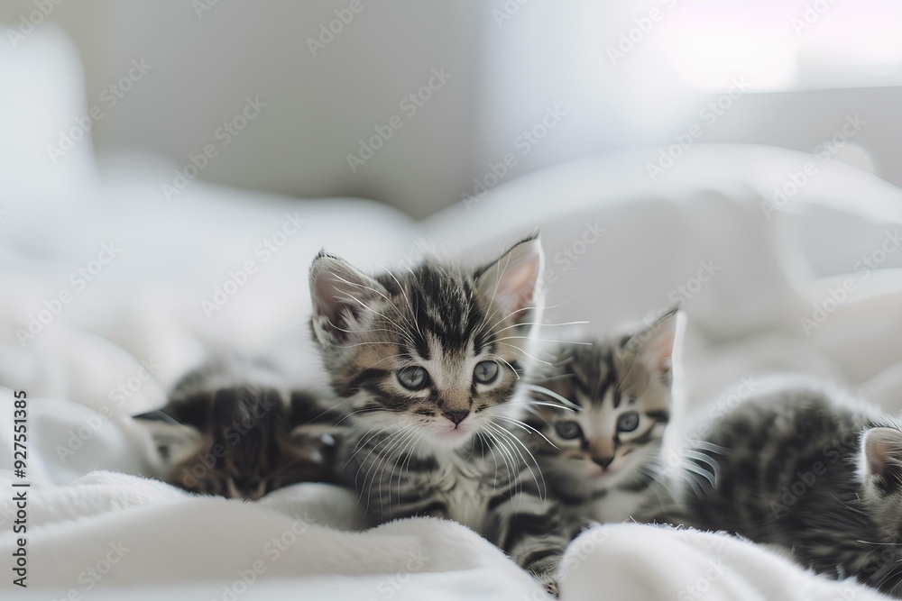 A group of cute kittens playing on a white bed A group of cute kittens playing on a white bed