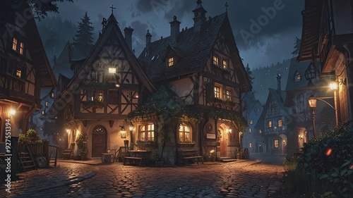 A cobblestone street in a medieval village at night with lit windows, street lamps, and a bench outside a building with a sign that reads 