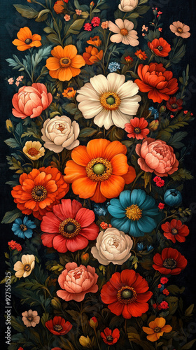 Wallpaper Mural Floral wallpaper showcasing a variety of colorful, blooming flowers in intricate patterns. Torontodigital.ca
