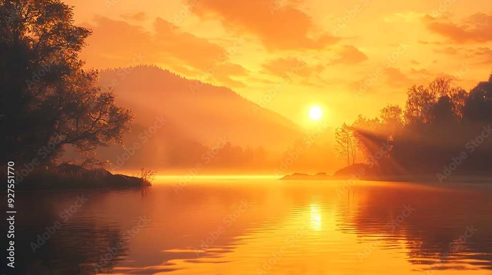 Breathtaking Sunset Reflecting on Serene River Surrounded by Misty Mountains and Forest Breathtaking Sunset Reflecting on Serene River Surrounded by Misty Mountains and Forest