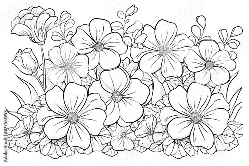 Intricate floral illustration featuring detailed line art of blooming flowers and lush foliage, perfect for coloring or decoration.