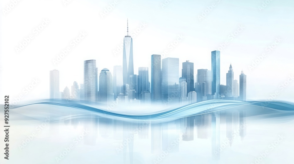 Fototapeta premium Sleek Urban Skyline: Light Blue Vector Style Cityscape Reflecting Modern Tranquility on a White Background