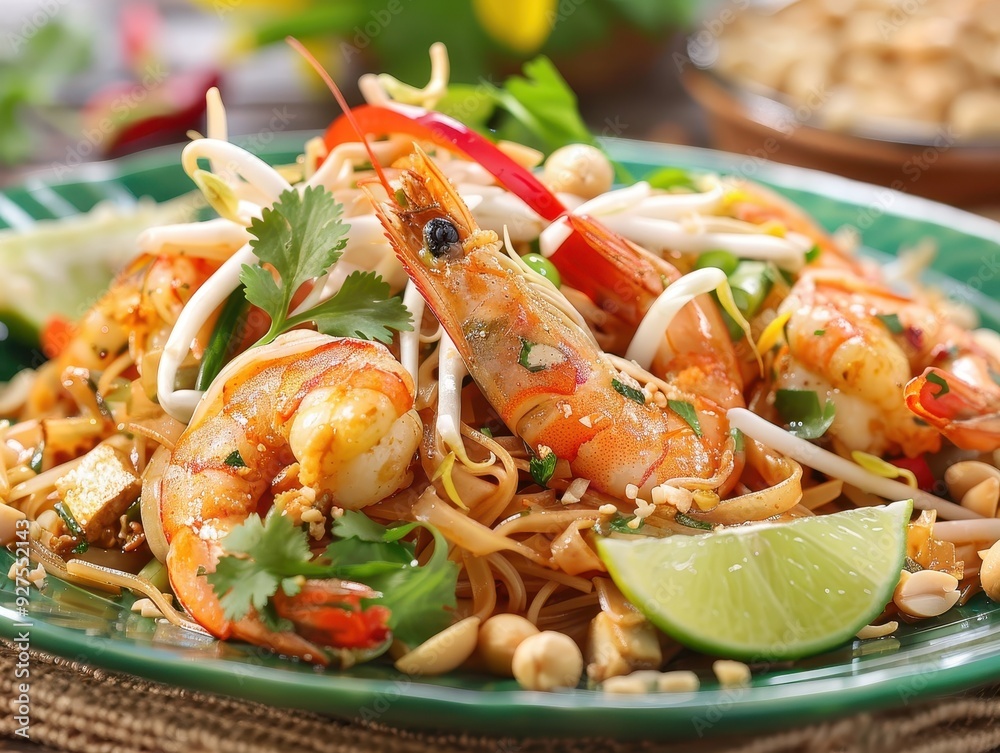 Vibrant Thai Pad Thai Plate with Shrimp, Tofu, Bean Sprouts, and Peanuts - Delicious and Colorful Dish for Thai Cuisine Promotion Vibrant Thai Pad Thai Plate with Shrimp, Tofu, Bean Sprouts, and Peanuts - Delicious and Colorful Dish for Thai Cuisine Promotion