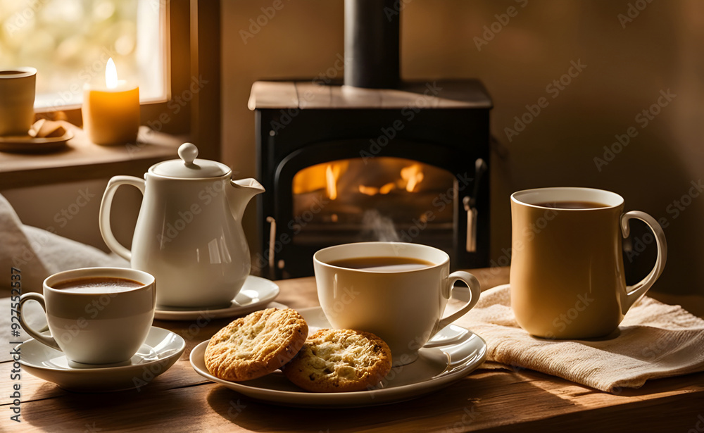Cozy coffee time by the fireplace