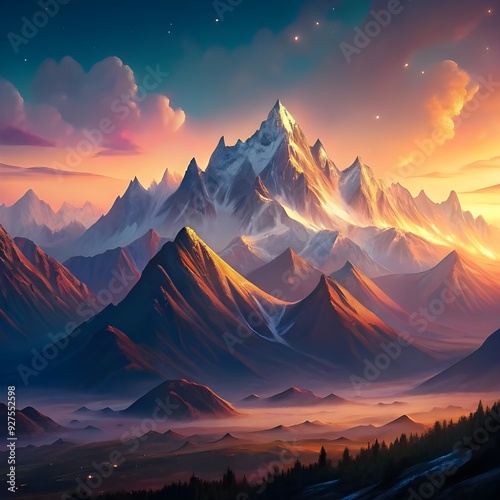 majestic mountain range at dusks bright horizon