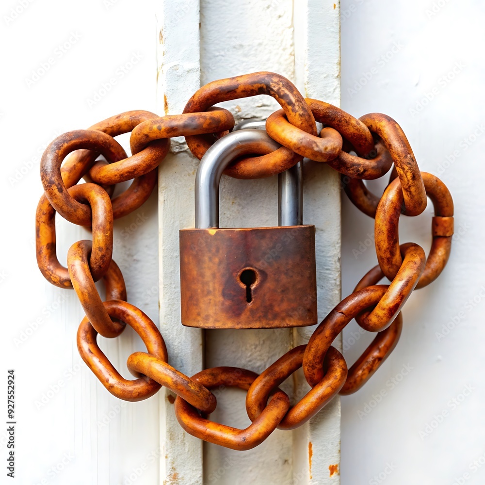 Obraz premium An old rusty padlock is closed on a chain