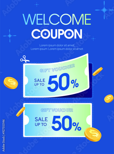 3d welcome coupon with percentage off and coupon code, isolated, in a cute concept. Special discount voucher banner template. 3D coupon calendar banner or poster template. Vector illustration. Vector