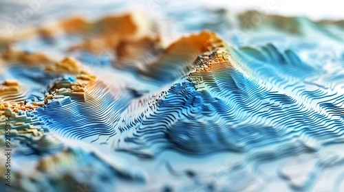 GIS geodata mapping concept featuring a detailed, layered terrain model with contour lines and elevation data