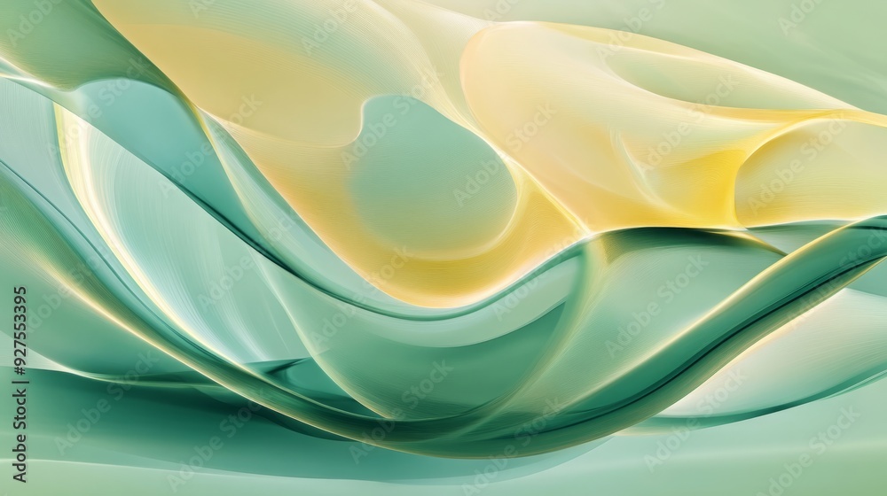 Obraz premium Elegant Abstract Fluid Wave Design: Soft Translucent Waves in Green and Yellow for a Modern Artistic Expression