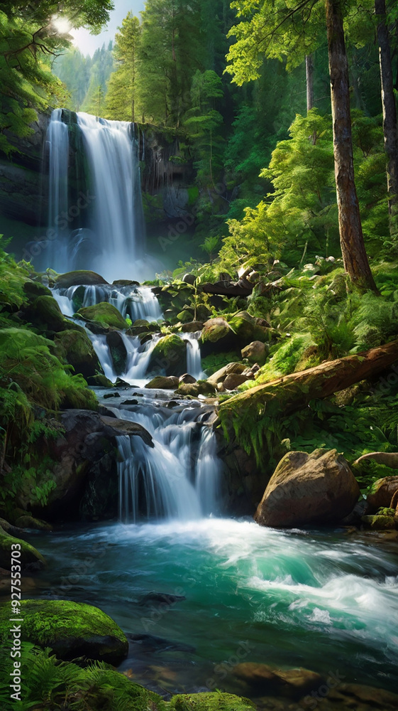 Obraz premium background view of a waterfall in the middle of a beautiful forest
