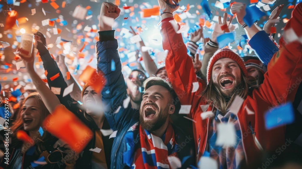 Fototapeta premium American football fans celebrating with confetti falling around them