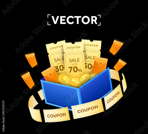 3d coupons with coupon code, percentage off, golden coins in a gift box with many coupon flying around, isolated on dark background. Gift voucher giveaway, big sale off banner template. 3d vector