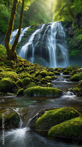 background view of a waterfall in the middle of a beautiful forest