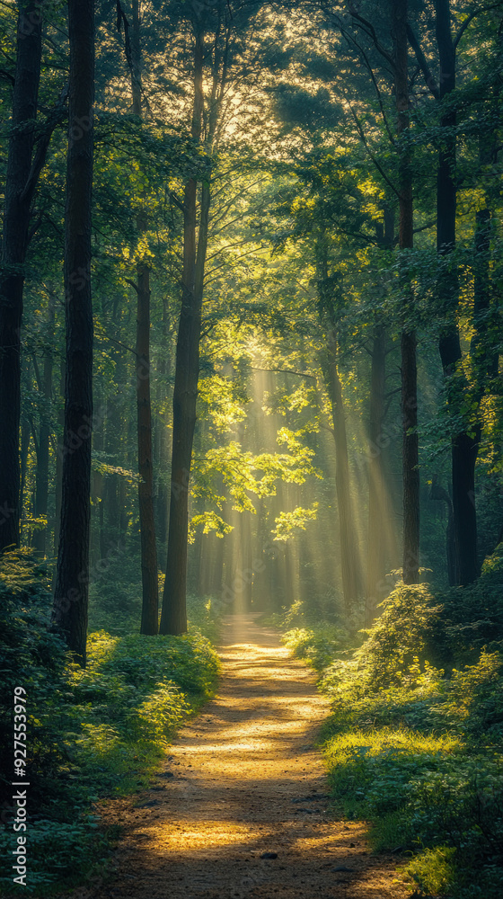 Forest scene wallpaper with tall trees, dappled sunlight, and a tranquil path. Forest scene wallpaper with tall trees, dappled sunlight, and a tranquil path.