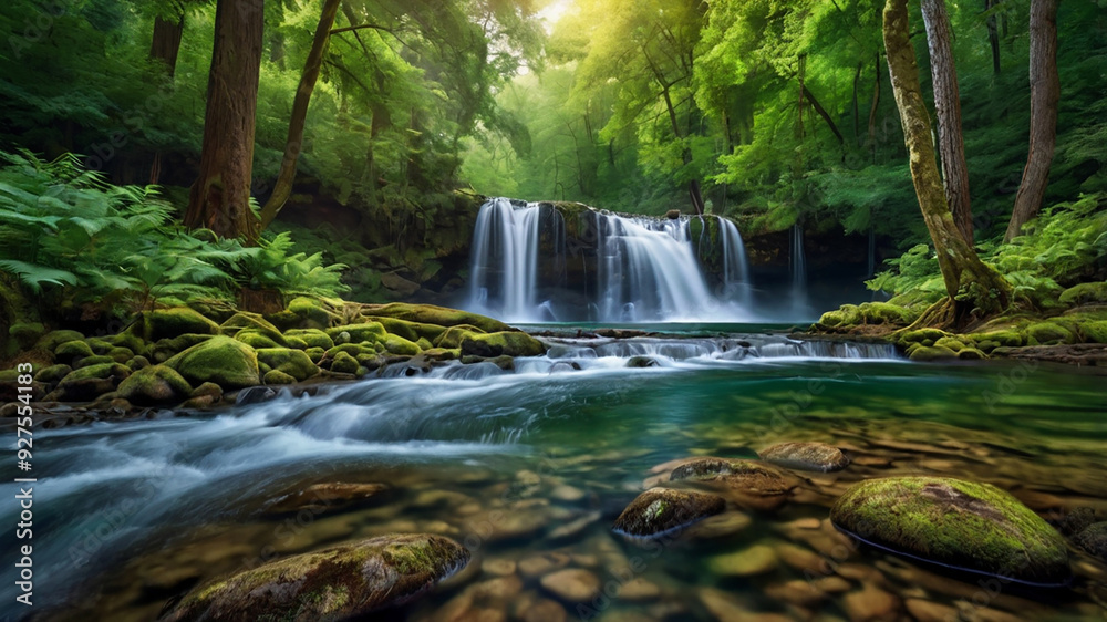 Obraz premium background view of a waterfall in the middle of a beautiful forest