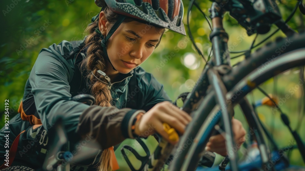 Obraz premium Female cyclist focused on fixing the chain of her bike, using tools to reconnect it