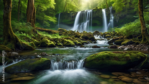 background view of a waterfall in the middle of a beautiful forest