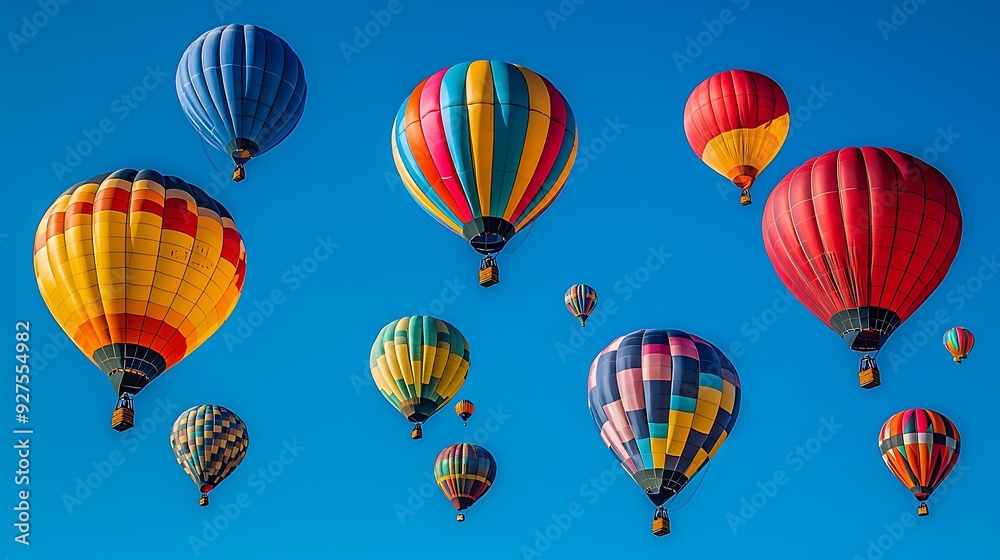 A sky filled with vibrant hot air balloons of all colors floating against a clear, bright blue sky, creating a scene of whimsy and freedom A sky filled with vibrant hot air balloons of all colors floating against a clear, bright blue sky, creating a scene of whimsy and freedom