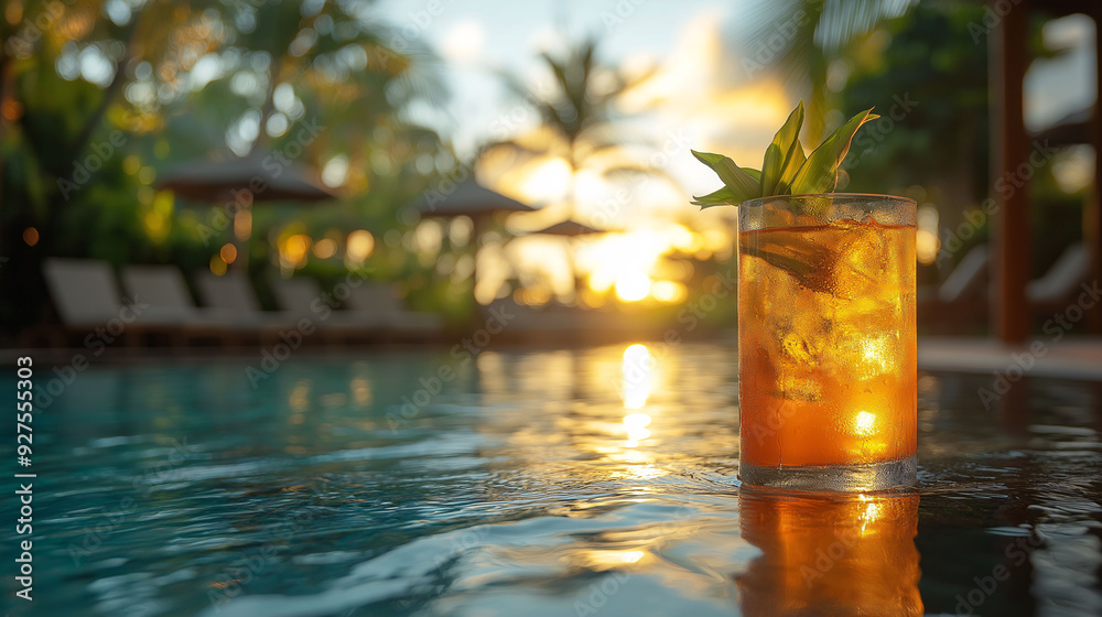 Cool drinks are served on the edge of the pool in the pool villa during sunset. Cool drinks are served on the edge of the pool in the pool villa during sunset.