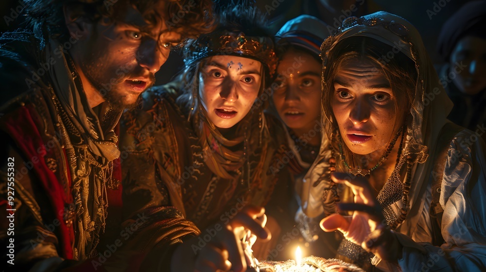 Group of People Looking at a Candle in a Dark Room.