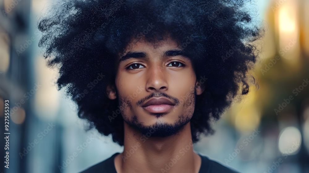 Confident Man with Voluminous Curly Afro Hairstyle Showcasing Natural Texture Confident Man with Voluminous Curly Afro Hairstyle Showcasing Natural Texture