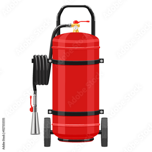 Wheeled Type Dry Powder Fire Extinguisher isolated on white background. Portable fire extinguishing equipment from fire department. Professional tool or instrument. Flat vector illustration