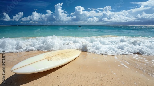 Surfboard resting on the sandy beach with the ocean in the background