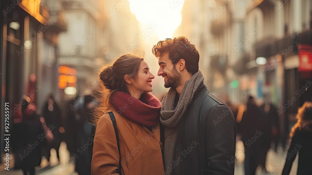 A couple sharing an intimate moment on a crowded street, highlighting the contrast between private emotions and public spaces A couple sharing an intimate moment on a crowded street, highlighting the contrast between private emotions and public spaces