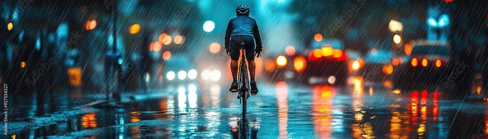 Fototapeta premium A cyclist riding through a rain-soaked street, with reflections of city lights on the wet pavement, capturing the mood and atmosphere of the city