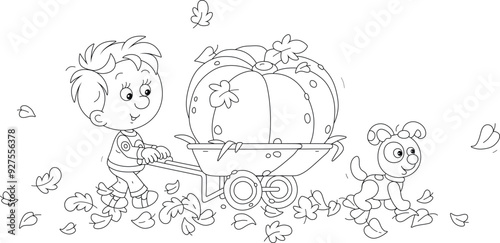 Funny little boy villager and his puppy wheeling a cart with a large pumpkin from an autumn garden, black and white vector cartoon illustration for a coloring book page
