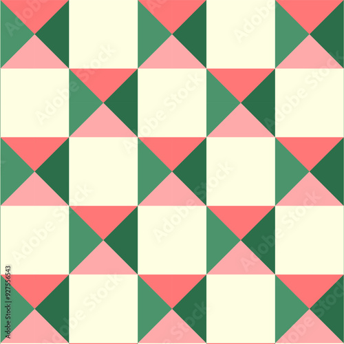Geometric abstract seamless pattern.Christmas repeat pattern in green red light yellow.Vector graphic background.