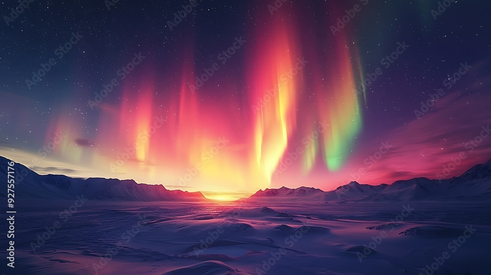 Dramatic Northern Lights illuminating a snowy landscape, with vibrant colors dancing across the night sky in a breathtaking natural display Dramatic Northern Lights illuminating a snowy landscape, with vibrant colors dancing across the night sky in a breathtaking natural display