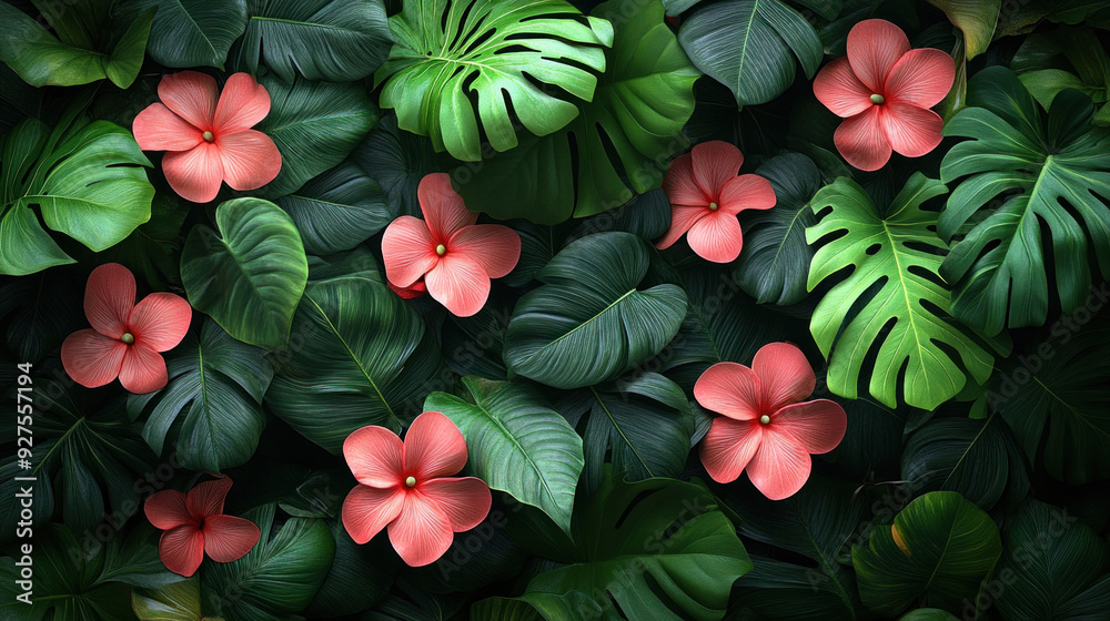 Lush tropical jungle wallpaper with vibrant green leaves and exotic flowers.