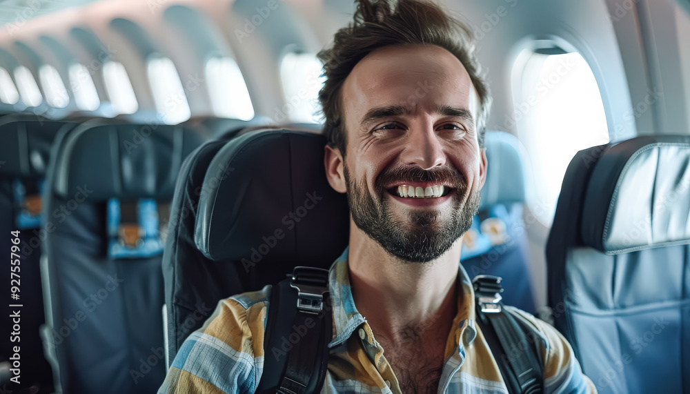 A man with a beard and earrings is smiling while looking out the window of an airplane. Concept of relaxation and enjoyment as the man takes in the view from his seat A man with a beard and earrings is smiling while looking out the window of an airplane. Concept of relaxation and enjoyment as the man takes in the view from his seat
