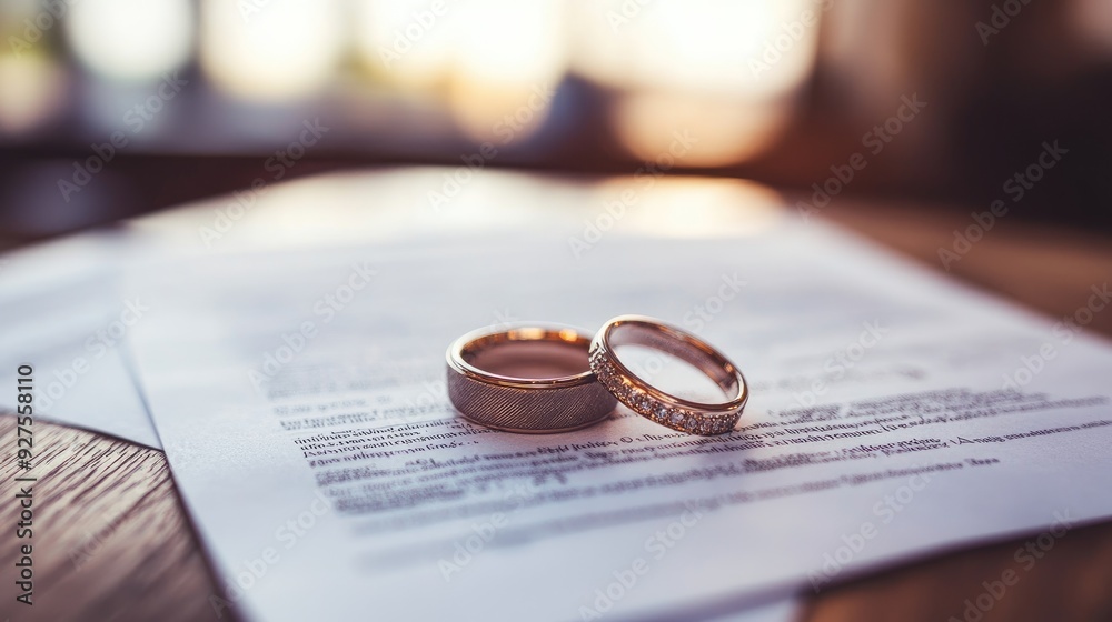 Wedding rings resting on divorce paperwork, capturing the reality of a marriage ending and the legal process involved. Wedding rings resting on divorce paperwork, capturing the reality of a marriage ending and the legal process involved.