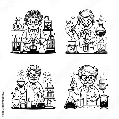 "Scientist Mixing Chemicals Coloring Page - Detailed Black and White Illustration of a Scientist Pouring Chemicals into a Beaker with Lab Equipment and Bubbling Reactions on White Background"
