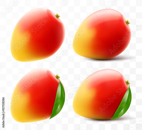 Fresh mango tropical fruit. Exotic mango fruit with leaves, isolated on transparent background. Summer tropical vitamin food. Realistic 3d vector illustration