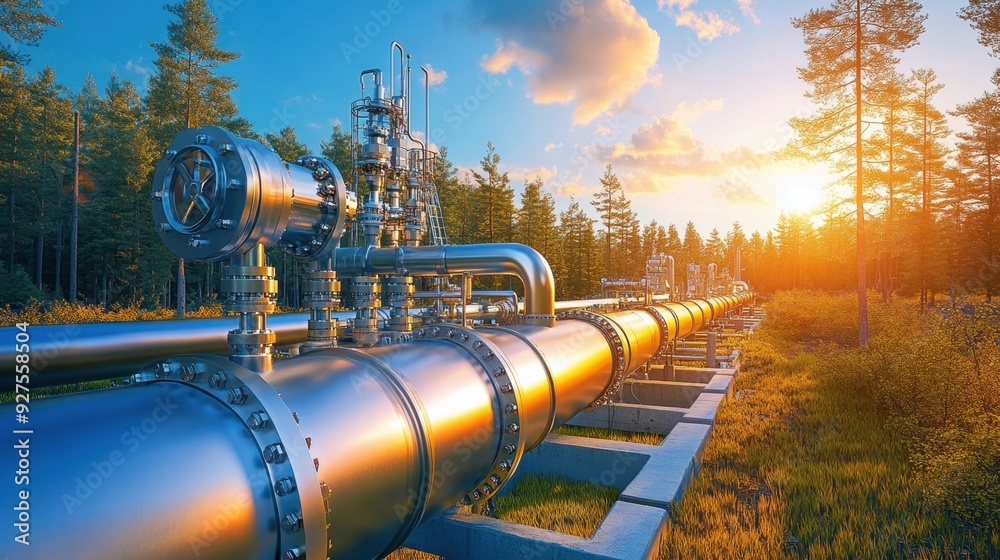 An oil pipeline running through a dense forest with a clear, sunny sky overhead An oil pipeline running through a dense forest with a clear, sunny sky overhead