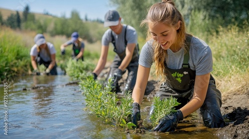 Group of volunteers planting greenery in a stream to restore natural habitats and improve environmental sustainability.