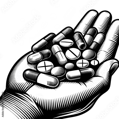 Black and white vector illustration of a group of pills on the palm of the hand on a white background. photo